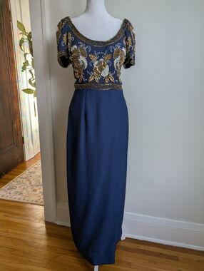 Vintage Alyce Designs Silk Sequined Regency Style Floral Gown W/ Cap Sleeves 10